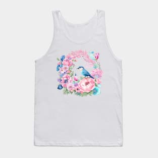 Funny bird and purple, pink wildflowers meadow, Lavender Flowers wreath Watercolor Artwork Romance bouquet flowers Birthday, Holiday, Wedding Day, Grandma, Girls, Women's Day gifts and decoration Tank Top